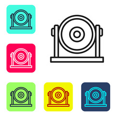 Black line Gong musical percussion instrument circular metal disc icon isolated on white background. Set icons in color square buttons. Vector