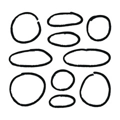 Vector set of hand drawn textured black circles  isolated on white background, painting illustration, round strokes, icons set.
