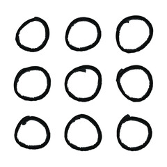 Vector set of hand drawn textured black circle shapes  isolated on white background, painting illustration, round strokes, icons set.
