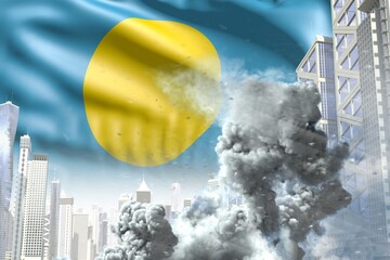 huge smoke pillar in abstract city - concept of industrial explosion or terrorist act on Palau flag background, industrial 3D illustration