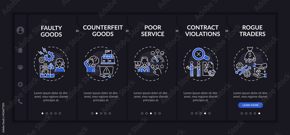 Poster buyer allegations onboarding vector template. responsive mobile website with icons. web page walkthr
