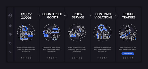 Buyer allegations onboarding vector template. Responsive mobile website with icons. Web page walkthrough 5 step screens. Counterfeit goods, poor service night mode concept with linear illustrations