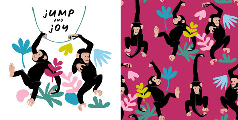 Set of print and Seamless wallpaper pattern. Funny Cartoon Monkey Characters. Jump and joy – lettering quote. Textile composition, t-shirt design, hand drawn style print. Vector illustration.