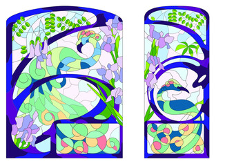 Two-part stained glass window, diptych, peacocks beautiful birds sit on branches and irises grow around them