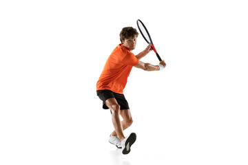 Young Caucasian man, tennis player training isolated on white background.