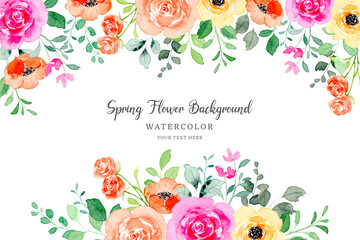 Spring flower frame. Colorful floral background with watercolor
