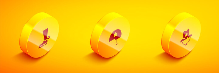 Set Isometric Cowboy boot, Military helmet and Western cowboy hat icon. Vector
