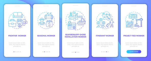 Migrant workers types navy onboarding mobile app page screen with concepts. Immigrants walkthrough 5 steps graphic instructions. UI, UX, GUI vector template with linear color illustrations