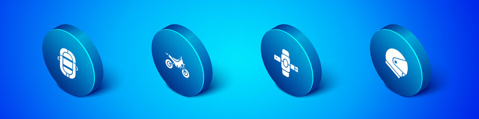 Set Isometric Rafting boat, Knee pads, Helmet and Mountain bike icon. Vector