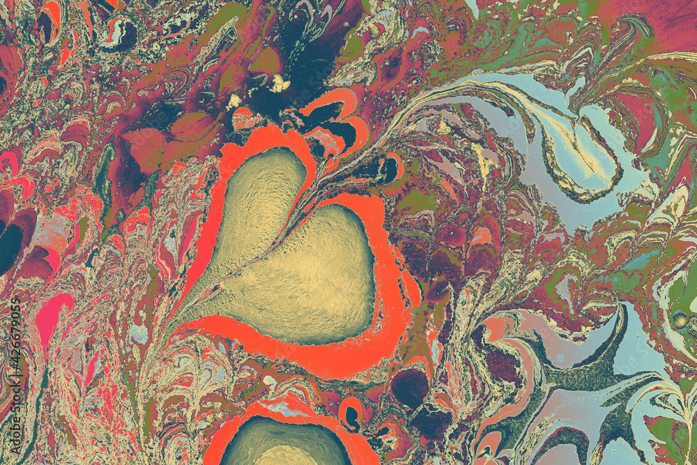 Poster vibrant abstract texture with iridescent patterns; paper marbling design