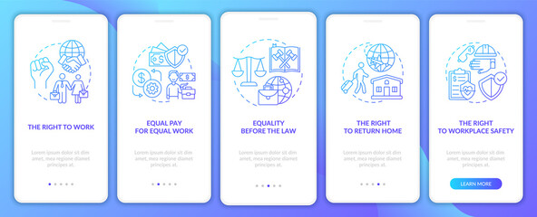 Migrant workers rights navy onboarding mobile app page screen with concepts. Immigrant walkthrough 5 steps graphic instructions. UI, UX, GUI vector template with linear color illustrations