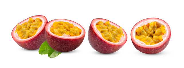 half passion fruit with leaf isolated on the white