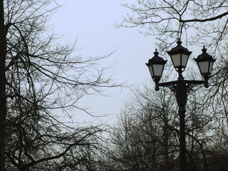 Fototapeta na wymiar black lamppost with three lanterns against a gray evening spring sky