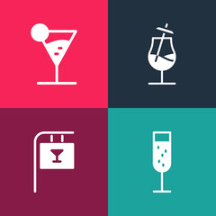 Set pop art Glass of champagne, Street signboard with Bar, Cocktail and Martini glass icon. Vector