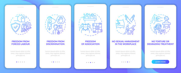 Migrant workers freedoms navy onboarding mobile app page screen with concepts. Immigrant rights walkthrough 5 steps graphic instructions. UI, UX, GUI vector template with linear color illustrations