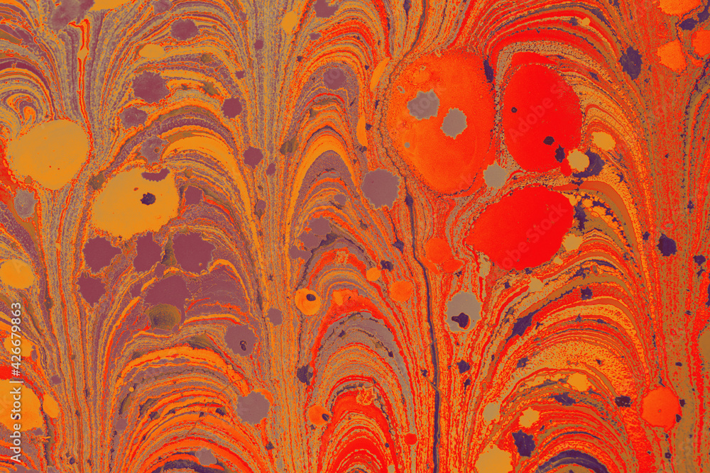 Aufkleber bright orange texture in ebru technique with chaotic curls and bubbles