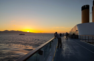 Amazing breathtaking sunrise twilight blue hour landscape scenery seen from outdoor open deck of...