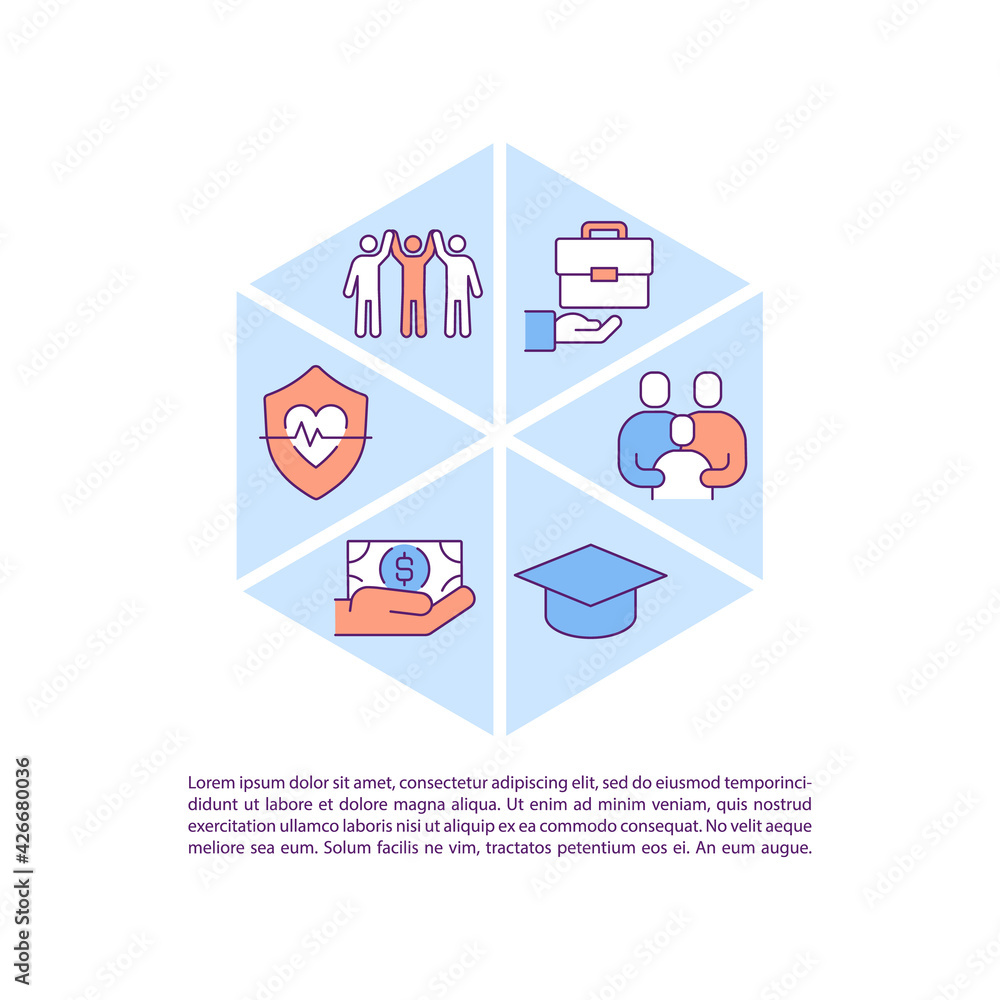 Poster social support for immigrants concept line icons with text. ppt page vector template with copy space
