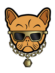 Hand drawing French Bulldog wearing gold glasses. For logo, symbol and fashion print.
