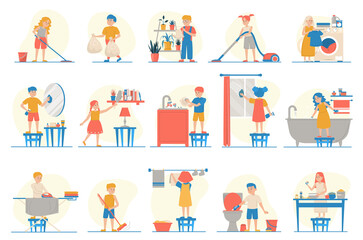 Housework set vector isolated. Collection of children doing house work. Vacuum cleaning, clothes ironing, cooking, wiping dust. Kid characters cleaning window and mirror. Child helps parents concept.