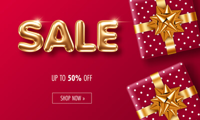 Fototapeta na wymiar Sale banner template with 3d golden letters and gift boxes on red background