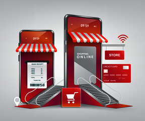 Online shopping template on smartphone application, smartphone shop and escalator. To represent the mall for online shopping concept design and payment online concept