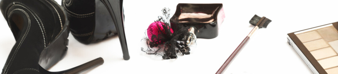 Beauty blog concept. Women's fashion high heels and accessories on a white background. Flat lay, top view feminine background.