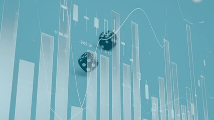 Animation of financial data processing over two dice falling on blue background - Powered by Adobe