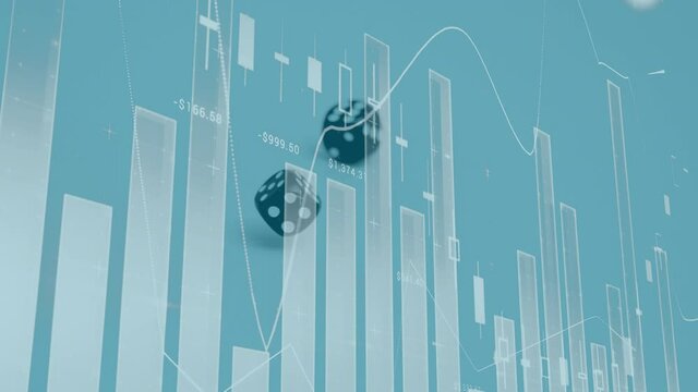 Animation of financial data processing over two dice falling on blue background - Powered by Adobe