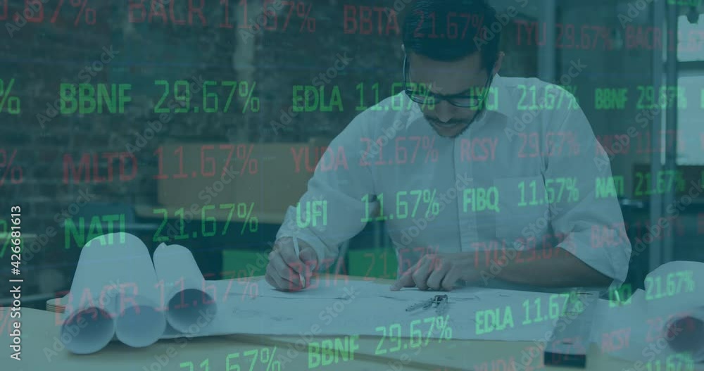 Poster animation of financial data processing over male architect working in office