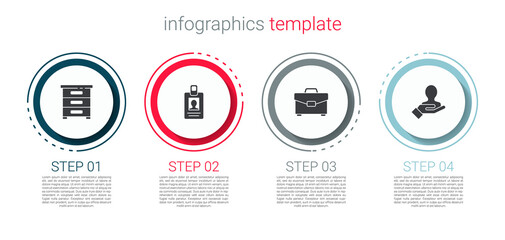 Set Drawer with documents, Identification badge, Briefcase and Hand for search people. Business infographic template. Vector