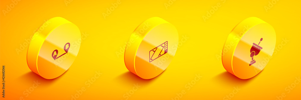 Poster set isometric route location, gps device with map and radar icon. vector