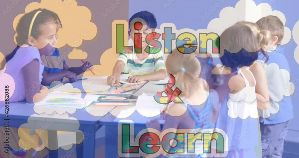 Poster animation of listen and learn text formed with puzzles over school children and clouds