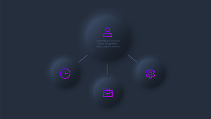Dark neumorphic flow chart infographic. Template for diagram, graph, presentation and chart. Skeuomorph concept with 3 options, parts, steps or processes