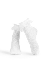Detail shot of white lace socks with mesh floral design and wide ruffles on the rims. The pair of...
