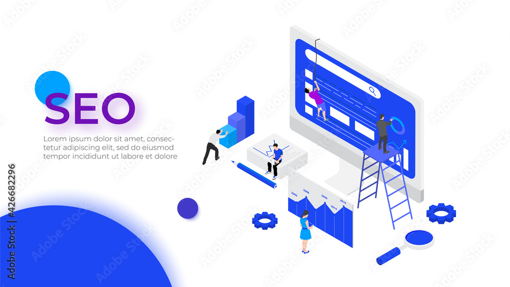 Poster Isometric SEO analyses and optimization design concept with characters. Vector illustration. Landing page template for web
