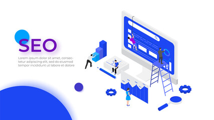 Isometric SEO analyses and optimization design concept with characters. Vector illustration. Landing page template for web