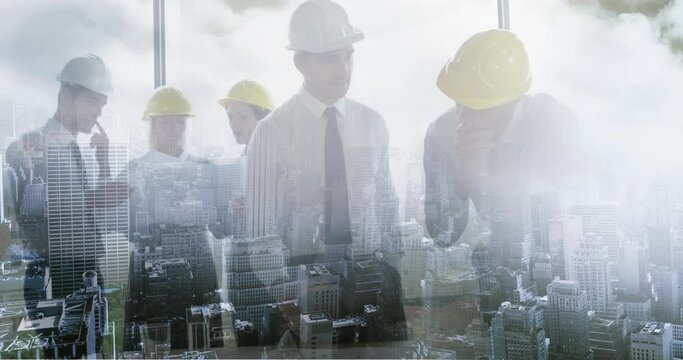 Animation of group of architects working together over cityscape