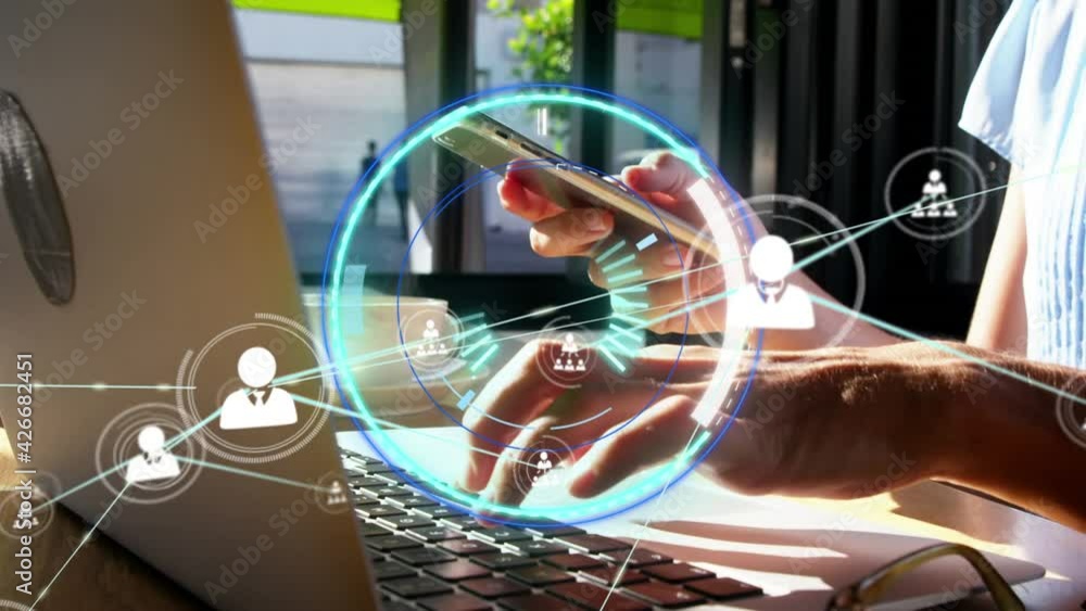 Poster animation of network of connections with icons scope scanning over woman using smartphone and laptop