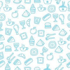Seamless food doodle pattern with blue color