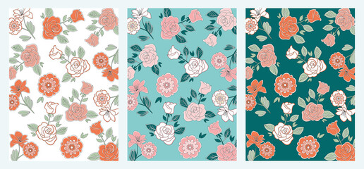 Set of three flower patterns. Summer romantic vibe. Vector file, scale to any size without compression. Perfect for packaging or printing.