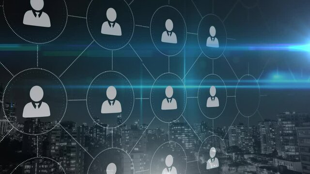 Animation of network of connections with people icons over cityscape