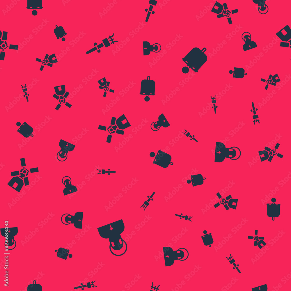 Poster set monk, torch flame, windmill and medieval flag on seamless pattern. vector