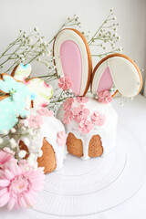 Easter cake with icing and color decoration, delicious Easter dessert