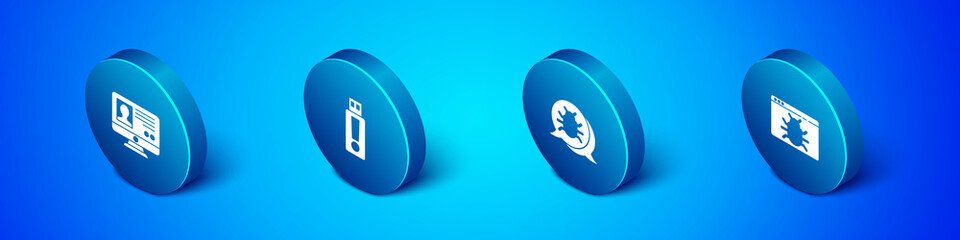 Set Isometric Create account screen, System bug, and USB flash drive icon. Vector
