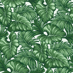 Tropical monstera and palm leaves abstract vector seamless pattern © PrintingSociety