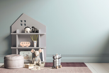 Mock up wall in the children's room in grey wall background .3d rendering