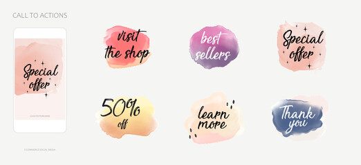 call to action buttons for social media story post, email marketing. text visit the shop, learn more, thank you. watercolor labels and stickers for sale, product promotion, special offer, shopping