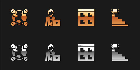 Set Location on the globe, Businessman, Browser files and Stair with finish flag icon. Vector