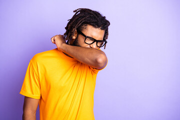 Portrait of nice sick brunet guy sneeze wear spectacles orange t-shirt isolated on vibrant lilac color background - obrazy, fototapety, plakaty
